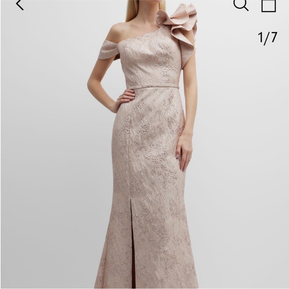 Rickie Freeman for Teri Jon
One-Shoulder Ruffle Metallic Jacquard Gown
